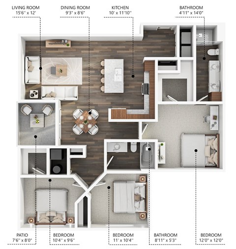 A floor plan of an apartment with a living room, dining room, kitchen, and four bedrooms.